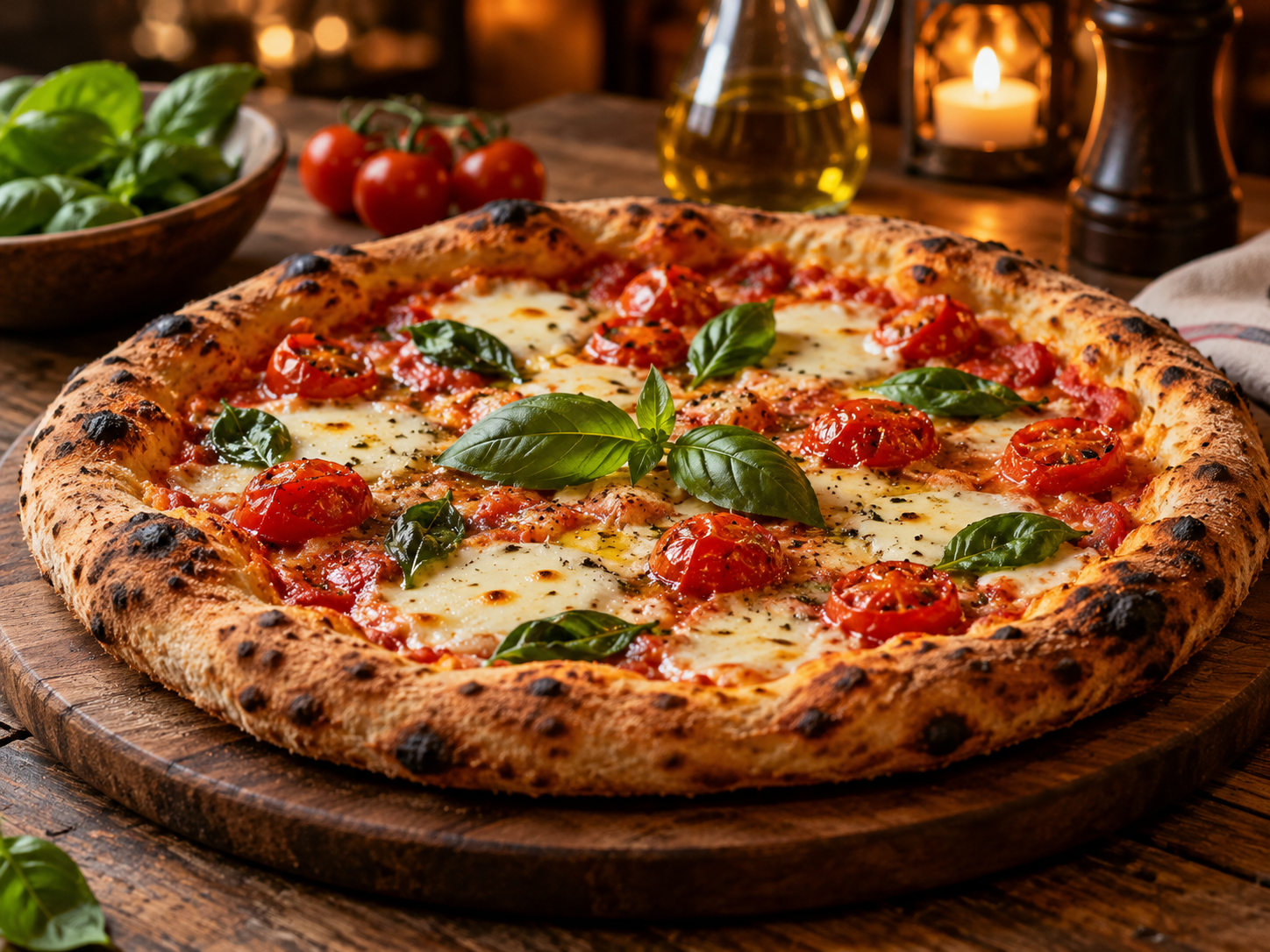 Wood-fired Margherita pizza with mozzarella and basil