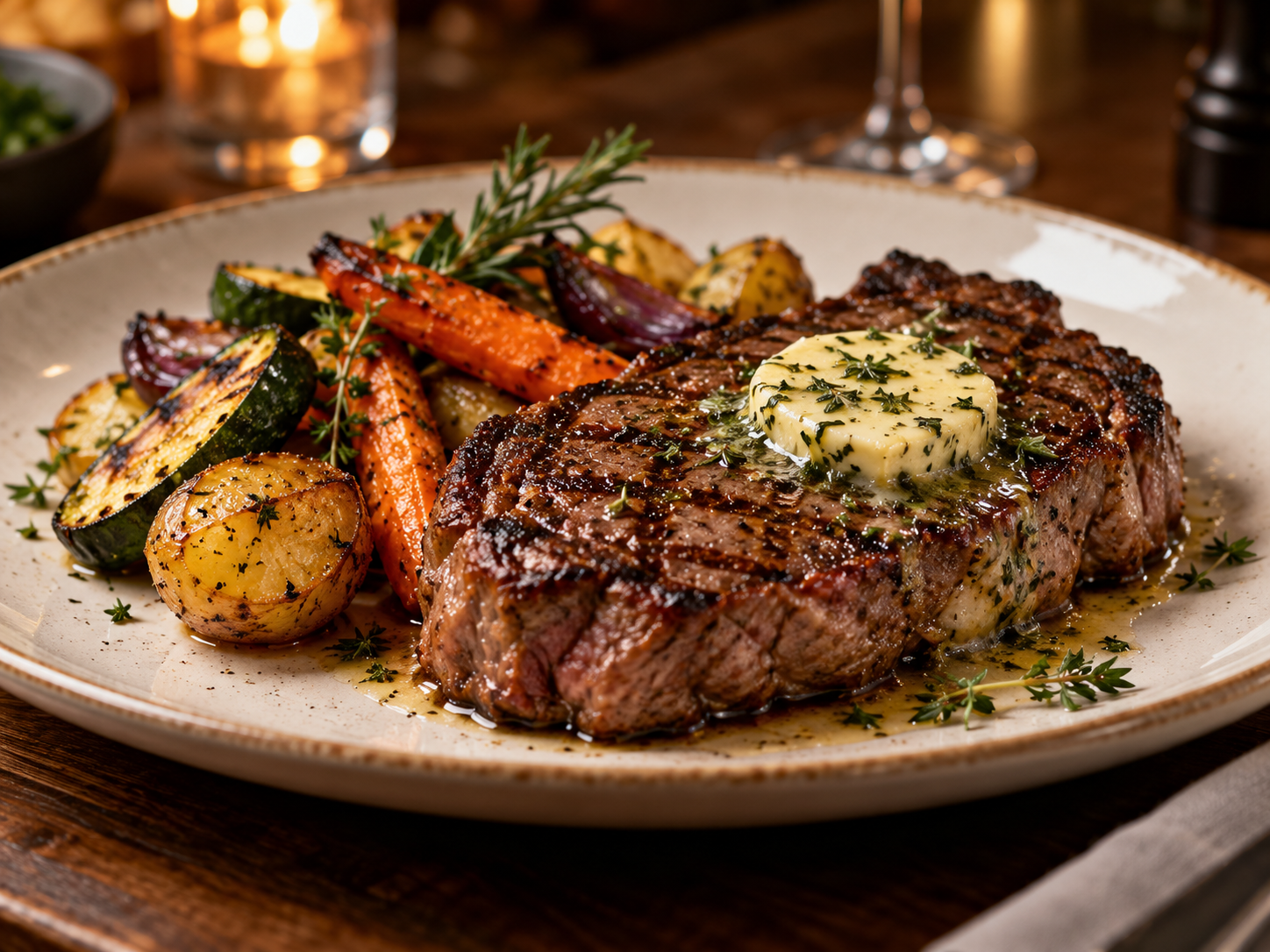 Steak with herb butter and roasted vegetables